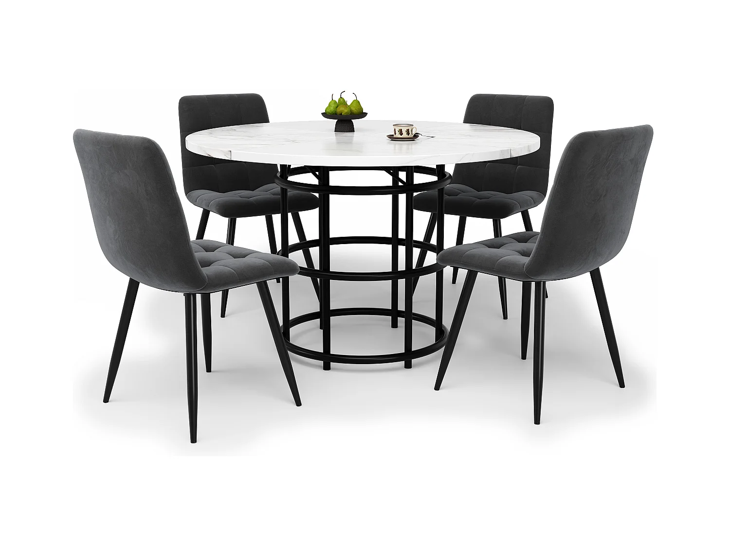 Rundes Esstisch-Set + 4 Samtstühle - T 100 x H 76 cm - MDF und Metallbeine - Marmoreffekt - Weiß + Schwarz