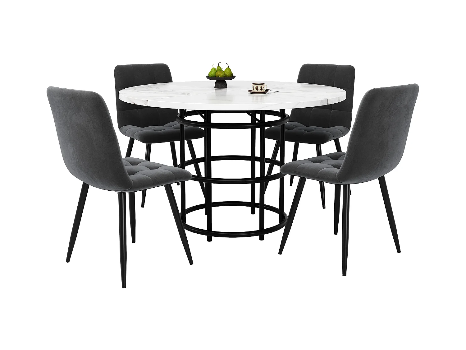 Rundes Esstisch-Set + 4 Samtstühle - T 100 x H 76 cm - MDF und Metallbeine - Marmoreffekt - Weiß + Schwarz