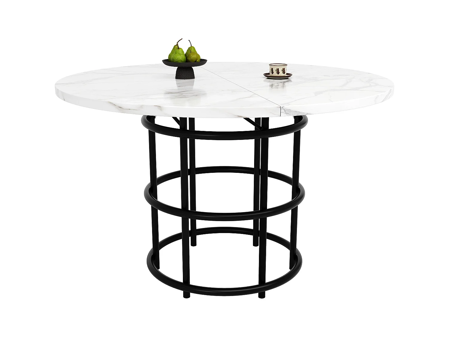 Rundes Esstisch-Set + 4 Samtstühle - T 100 x H 76 cm - MDF und Metallbeine - Marmoreffekt - Weiß + Schwarz