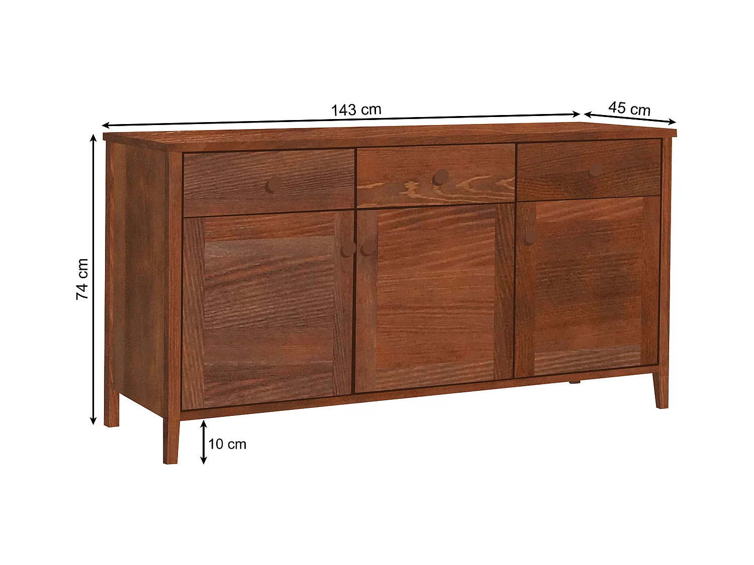 Commode en bois 74 x 143 cm Colorado V, 3 tiroirs 3 portes, couleur châtaigne