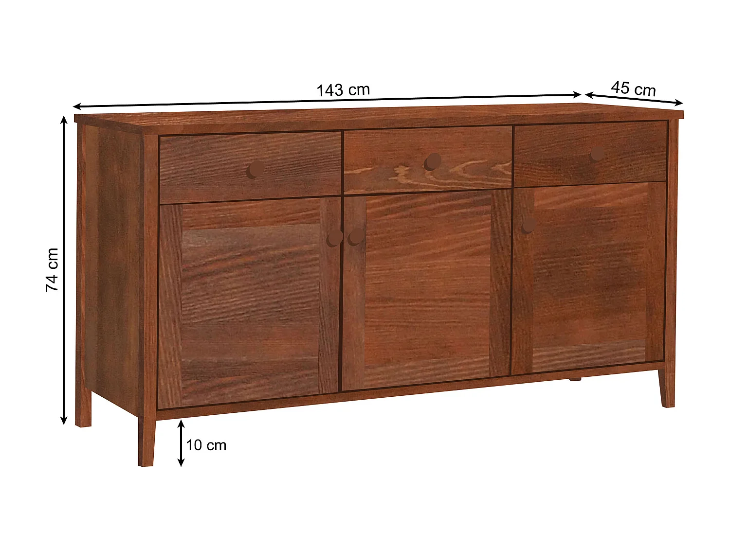 Commode en bois 74 x 143 cm Colorado V, 3 tiroirs 3 portes, couleur châtaigne