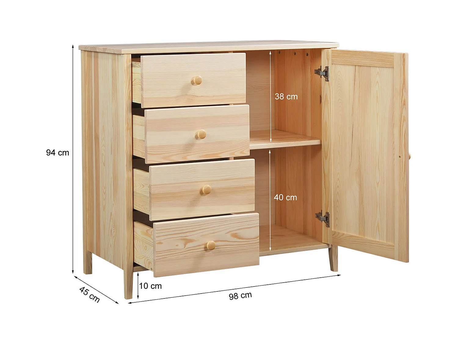 Houten kist 94 x 98 cm Colorado VI, 4 laden 1 deur, grenen