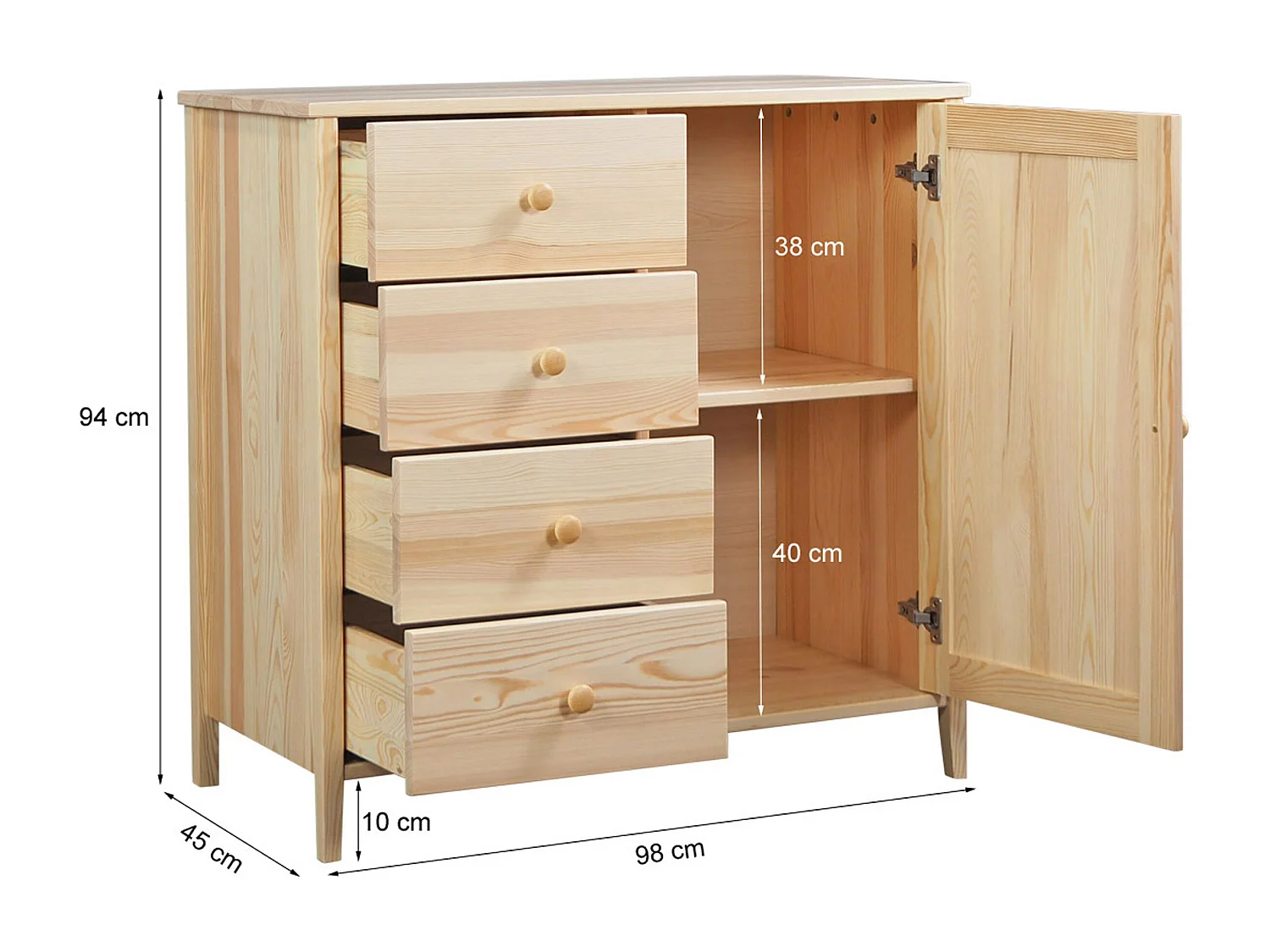 Commode en bois 94 x 98 cm Colorado VI, 4 tiroirs 1 porte, pin