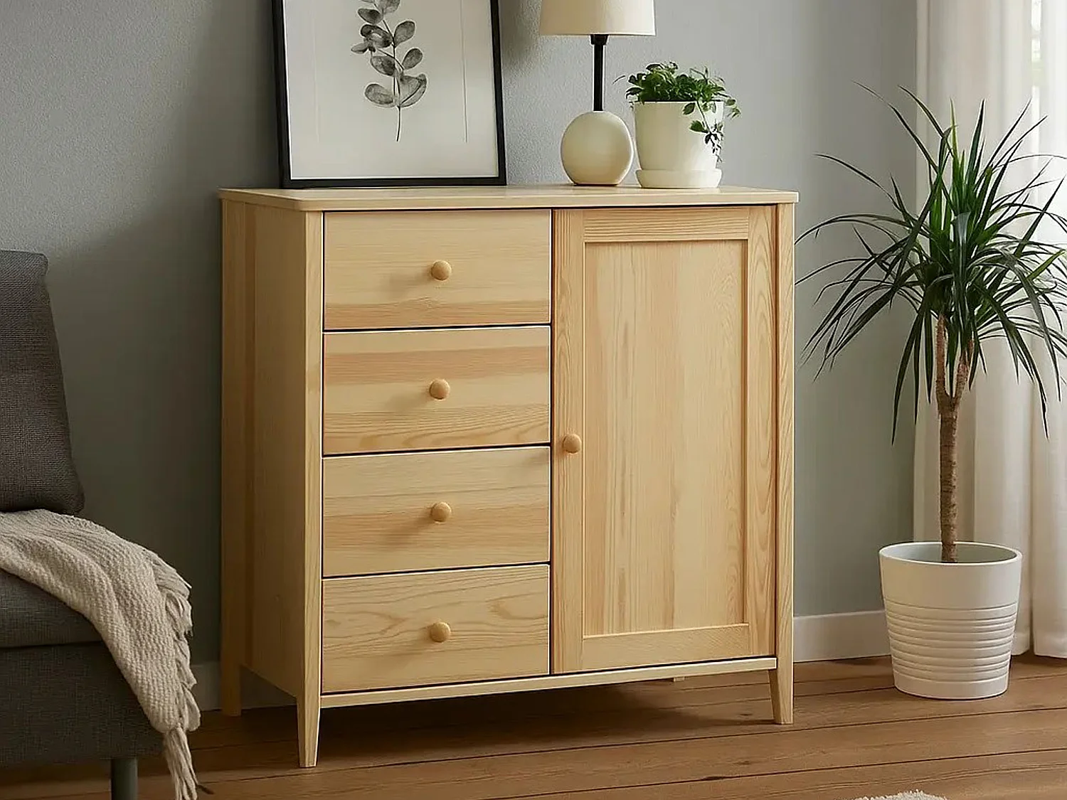 Commode en bois 94 x 98 cm Colorado VI, 4 tiroirs 1 porte, pin