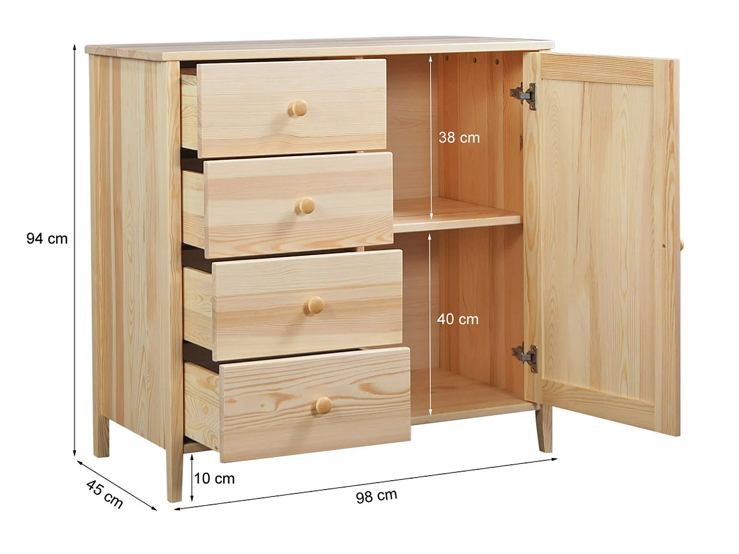 Commode en bois 94 x 98 cm Colorado VI, 4 tiroirs 1 porte, pin