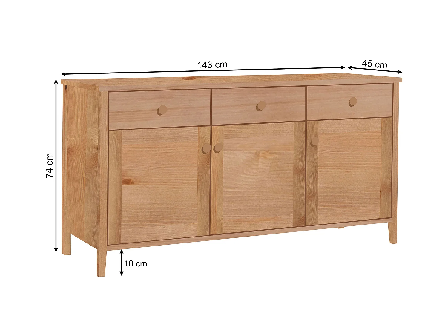 Holzkommode 74 x 143 cm Colorado V, 3 Schubladen 3 Türen, Farbe Eiche