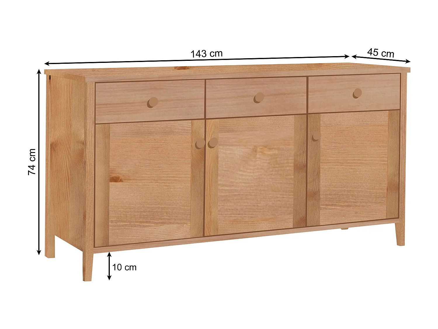 Houten ladekast 74 x 143 cm Colorado V, 3 lades 3 deuren, kleur eiken