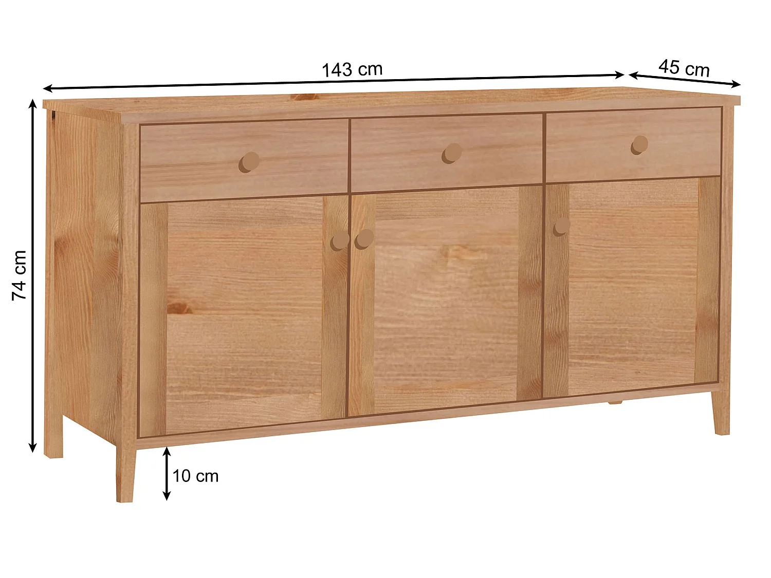 Commode en bois 74 x 143 cm Colorado V, 3 tiroirs 3 portes, coloris chêne
