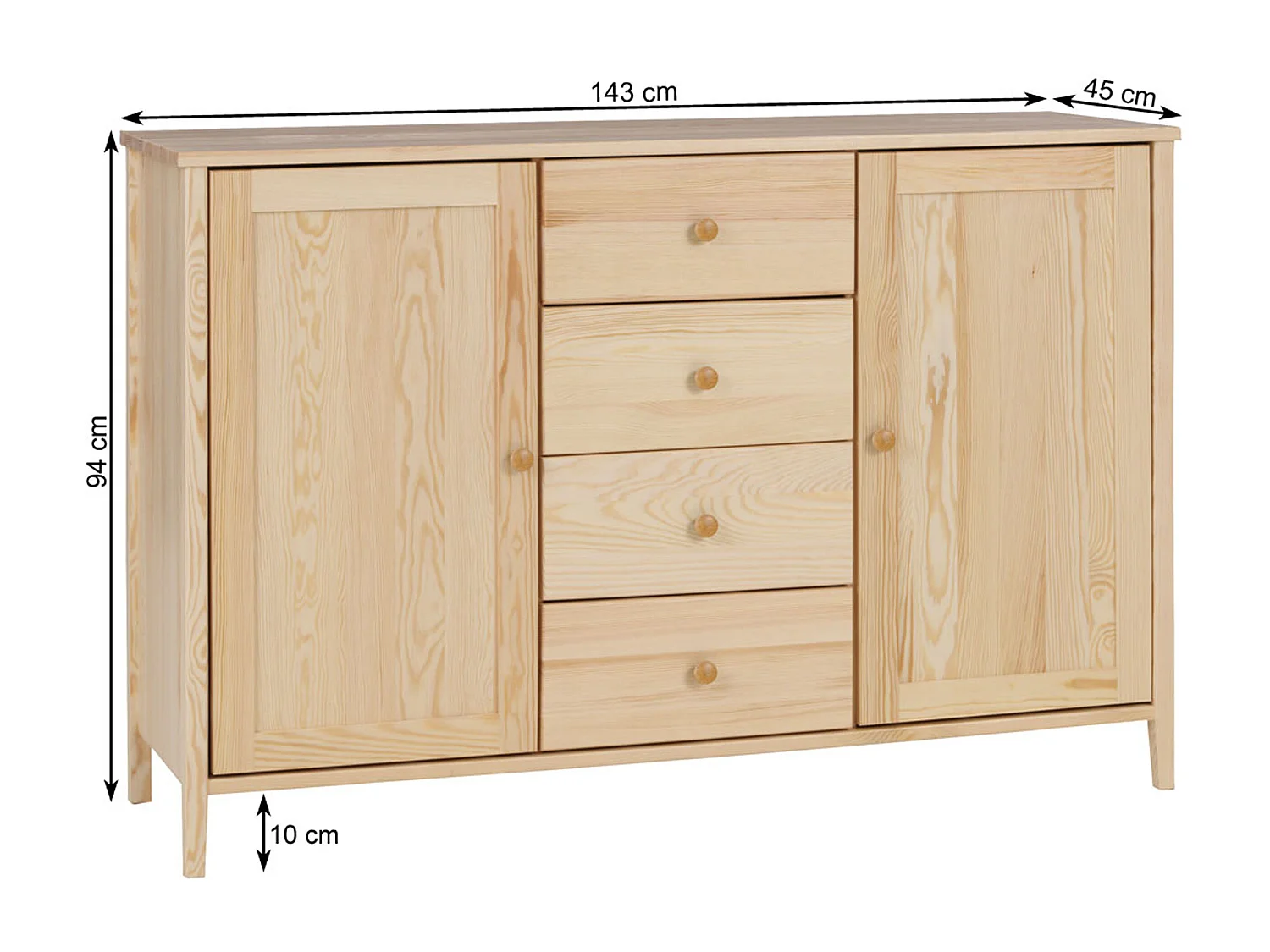 Commode en bois 94 x 143 cm Colorado IV, 4 tiroirs 2 portes, pin