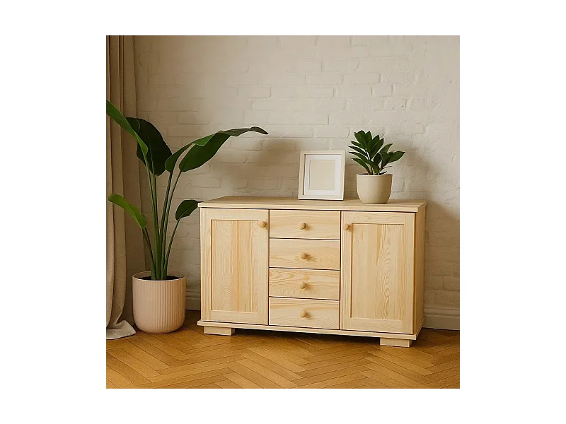 Bois massif 115 cm Commode moderne, 2 portes, 4 tiroirs, pin