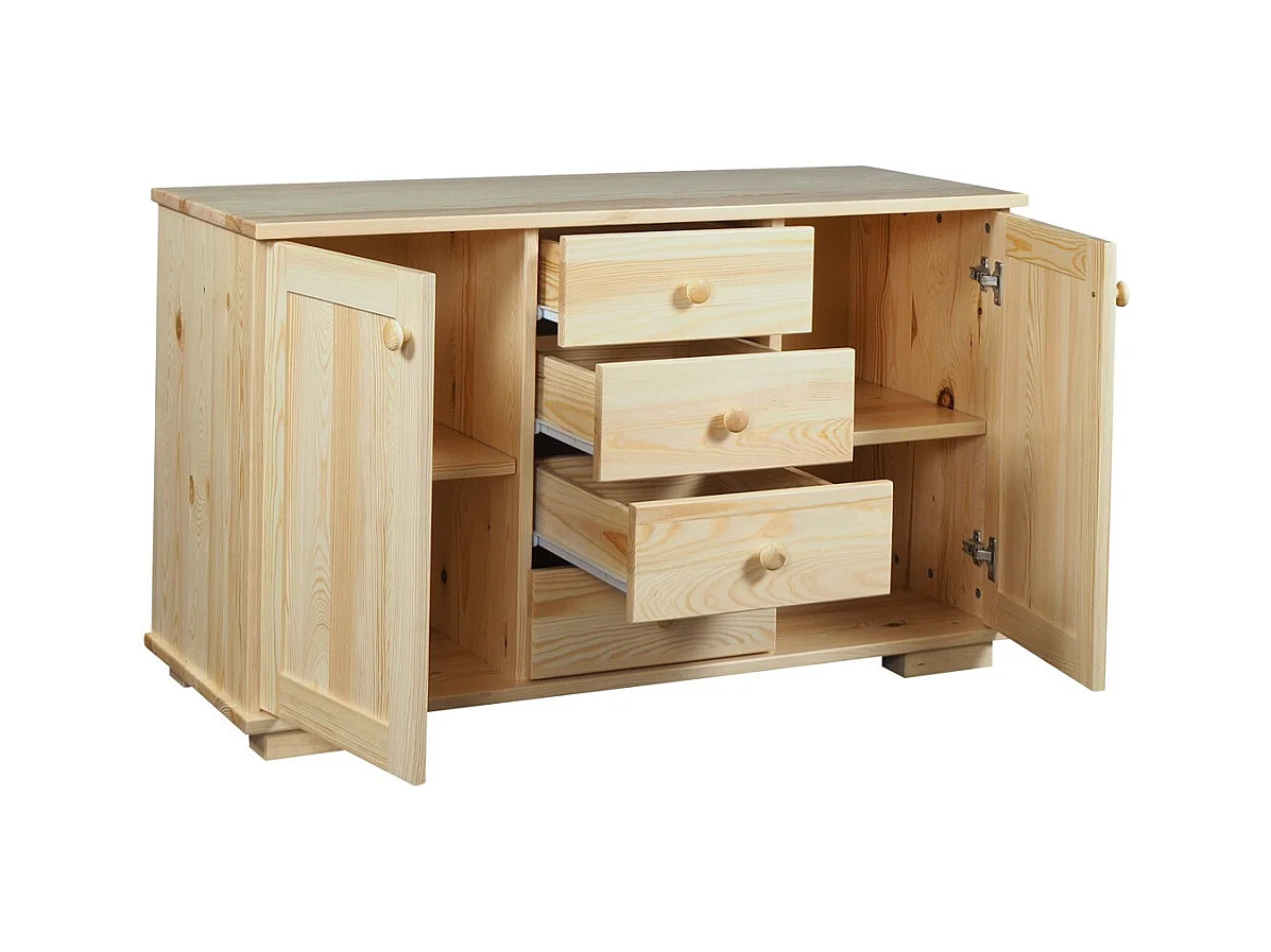 Bois massif 115 cm Commode moderne, 2 portes, 4 tiroirs, pin