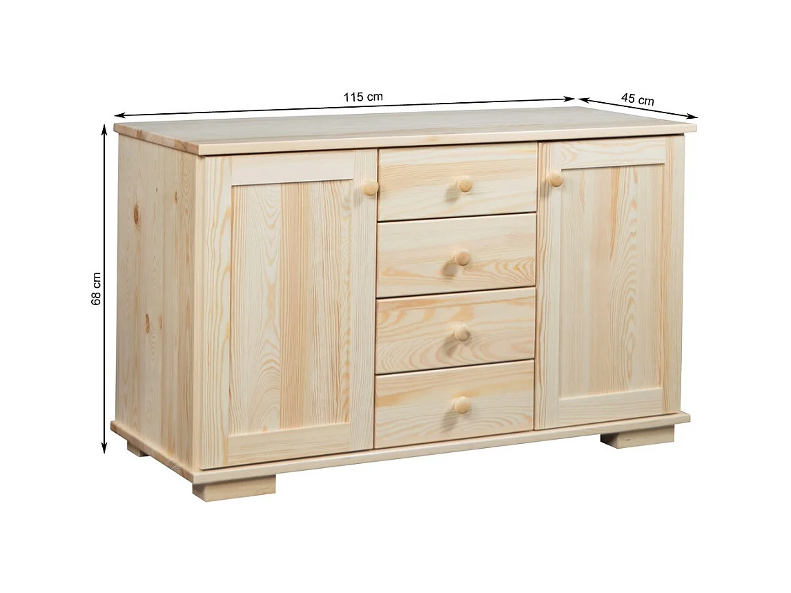 Bois massif 115 cm Commode moderne, 2 portes, 4 tiroirs, pin