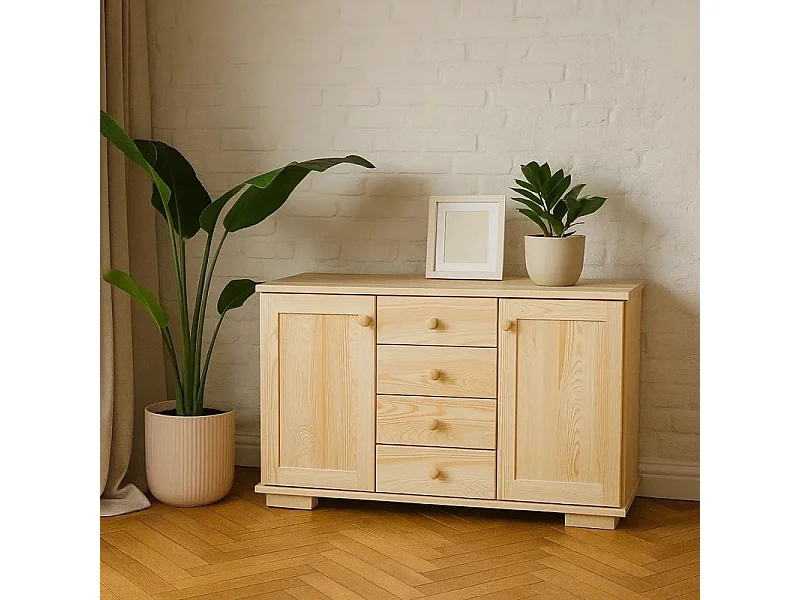 Bois massif 115 cm Commode moderne, 2 portes, 4 tiroirs, pin