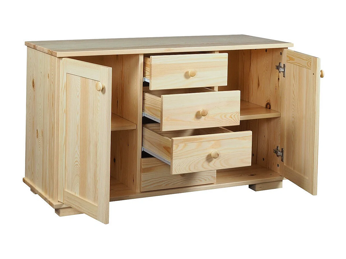 Bois massif 115 cm Commode moderne, 2 portes, 4 tiroirs, pin