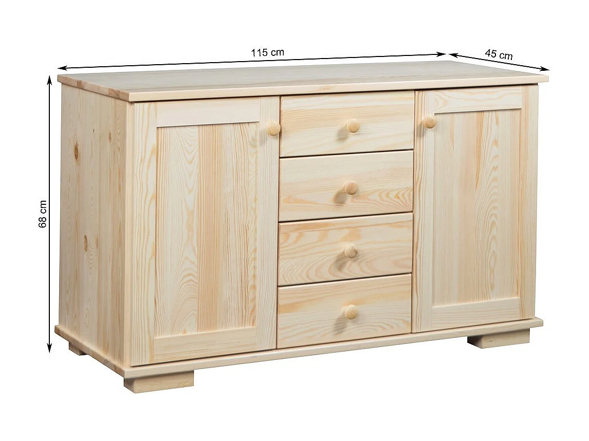 Bois massif 115 cm Commode moderne, 2 portes, 4 tiroirs, pin