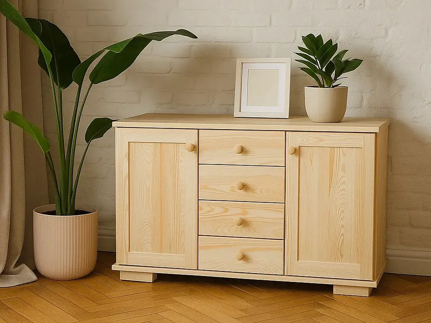 Bois massif 115 cm Commode moderne, 2 portes, 4 tiroirs, pin