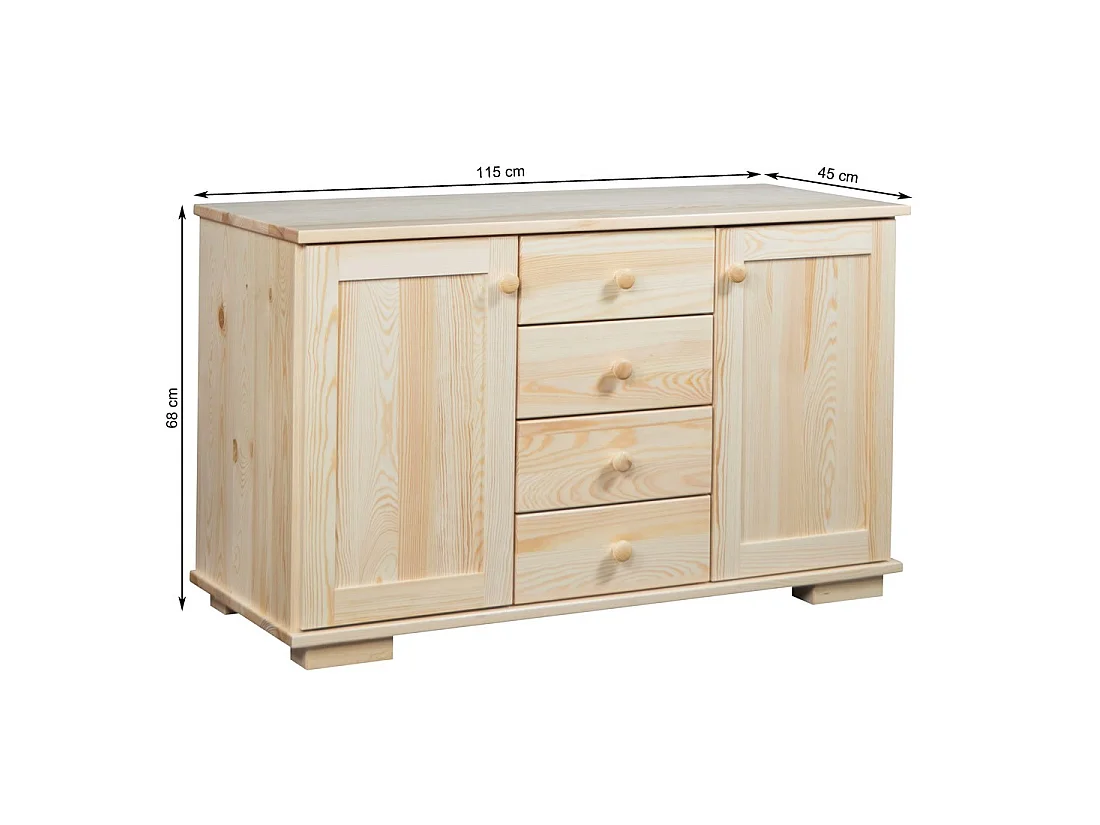 Bois massif 115 cm Commode moderne, 2 portes, 4 tiroirs, pin