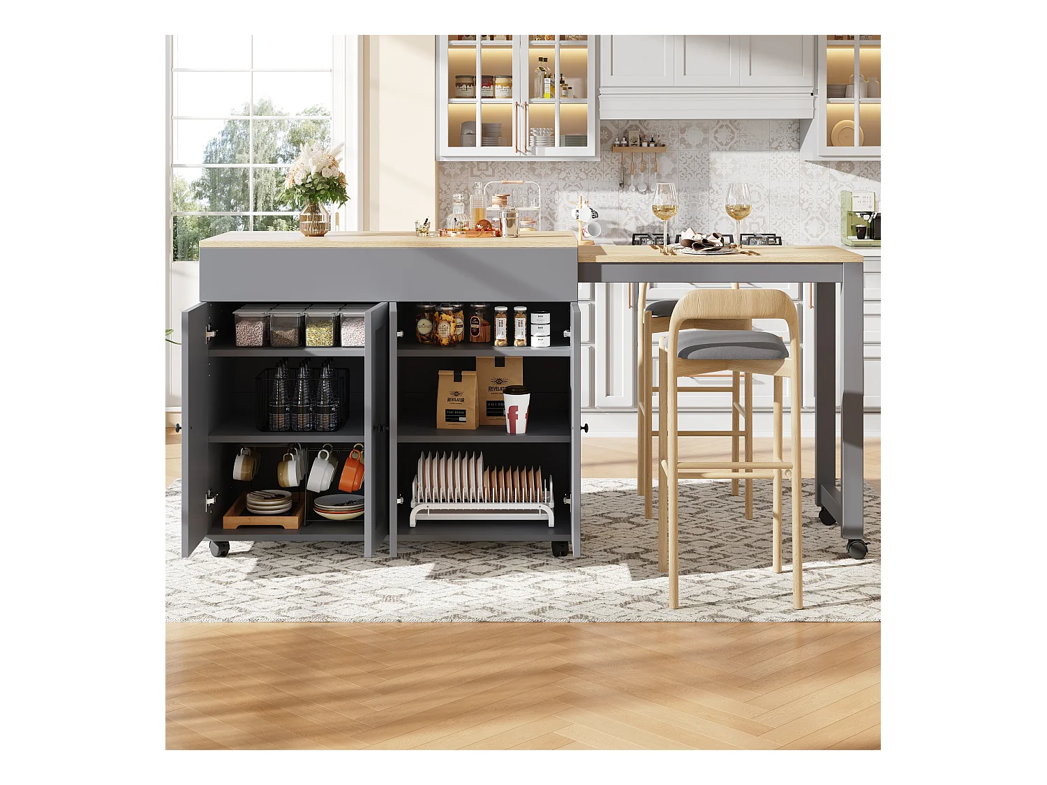 Ilot central de cuisine avec table à manger et 4 portes - 118/180 x 50 x 94 cm - MDF - Gris