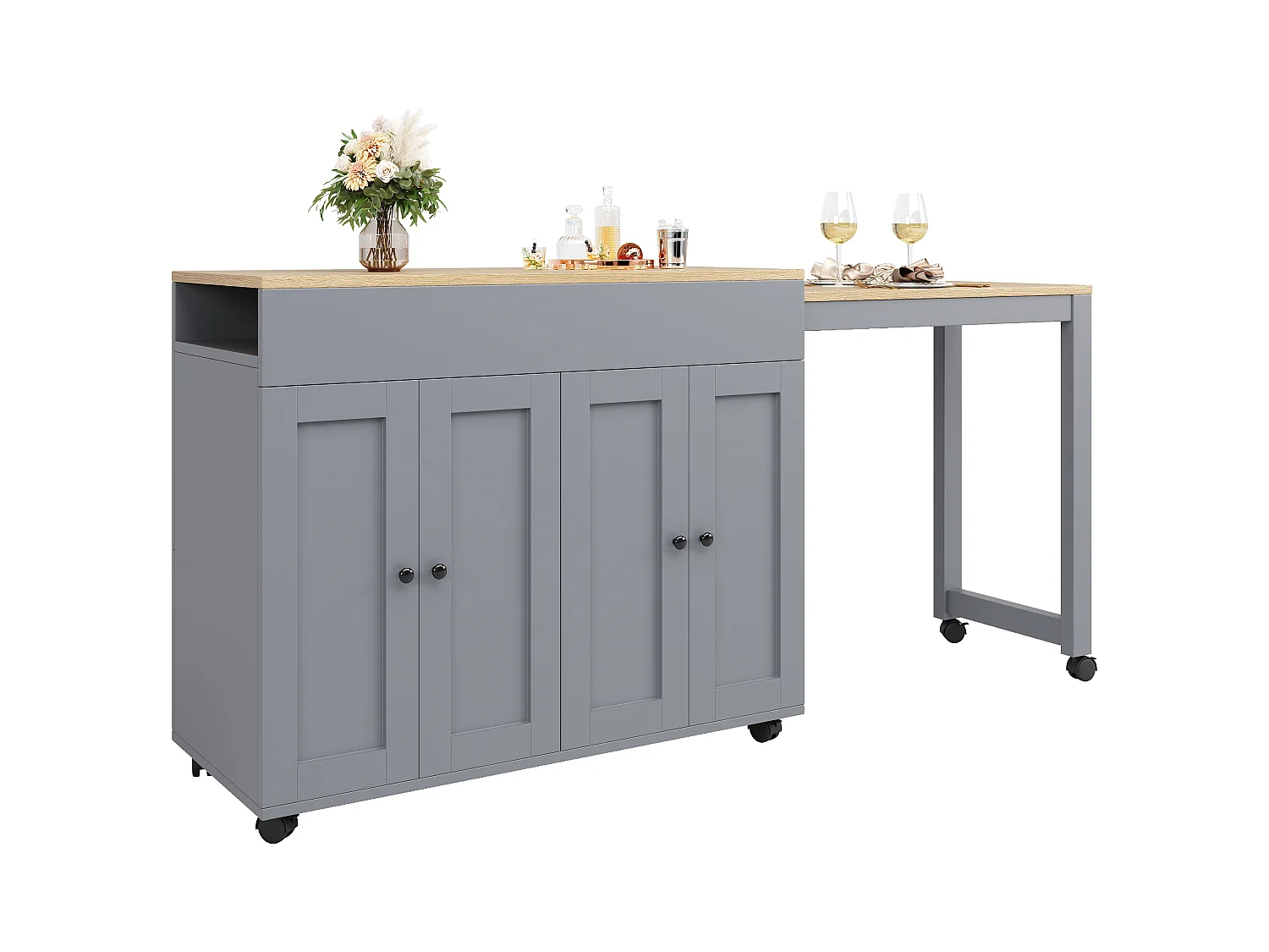 Ilot central de cuisine avec table à manger et 4 portes - 118/180 x 50 x 94 cm - MDF - Gris
