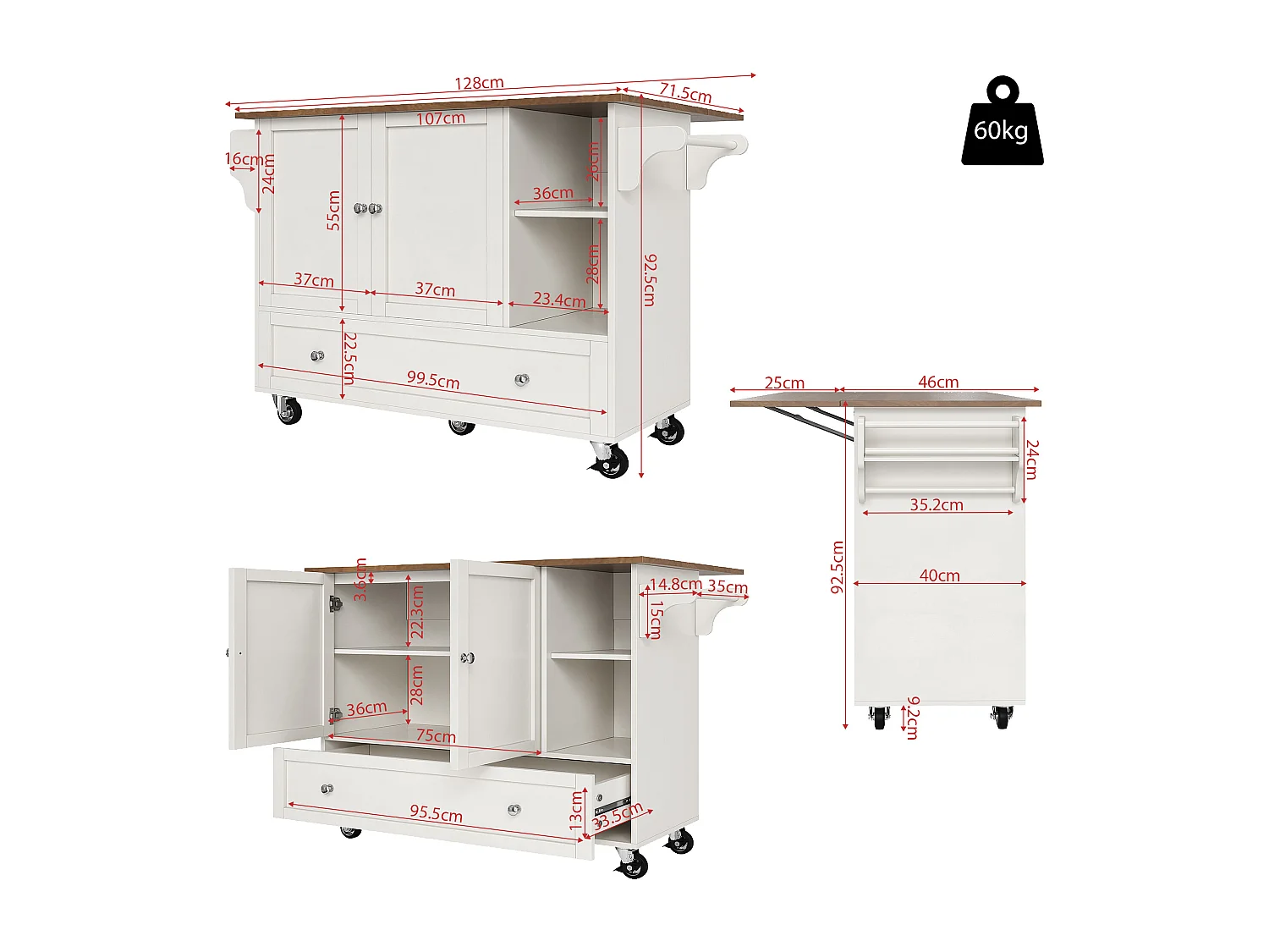 Isola cucina mobile con 2 ante, 1 cassetto grande e scomparti - Piano estensibile - 128x46/71x92,5 cm - MDF - Bianco + marrone