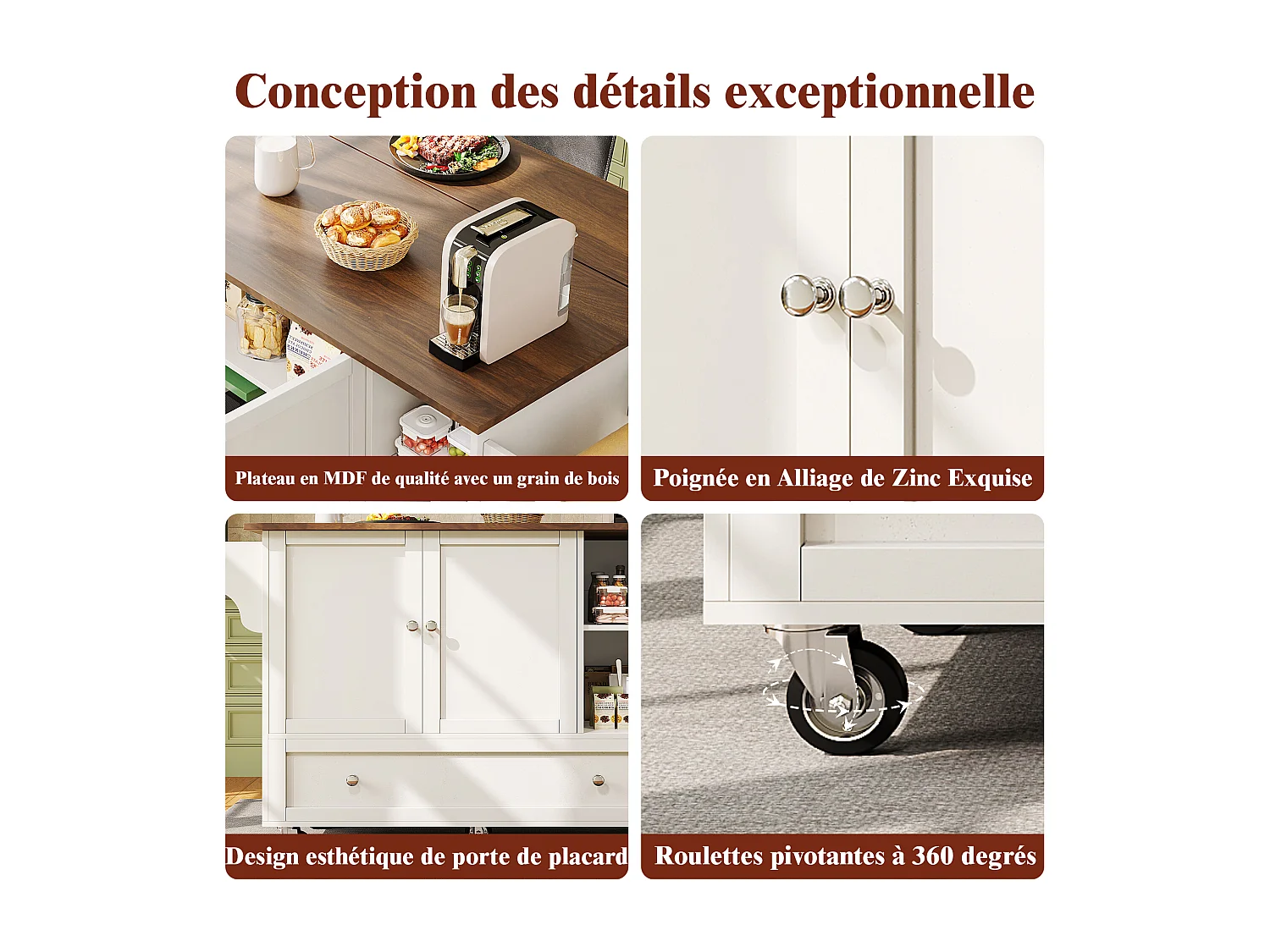 Isola cucina mobile con 2 ante, 1 cassetto grande e scomparti - Piano estensibile - 128x46/71x92,5 cm - MDF - Bianco + marrone