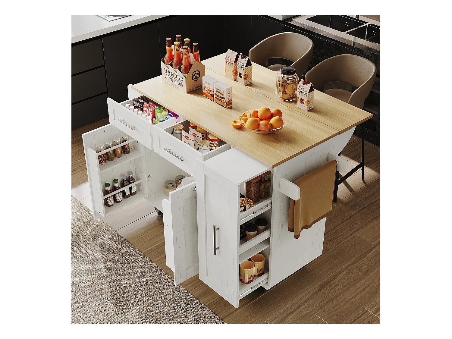 Ilot central de cuisine mobile avec 2 portes, 3 tiroirs et porte-serviettes - Plateau extensible - 134.5 x 46/74 x 90.5 cm - MDF - Blanc
