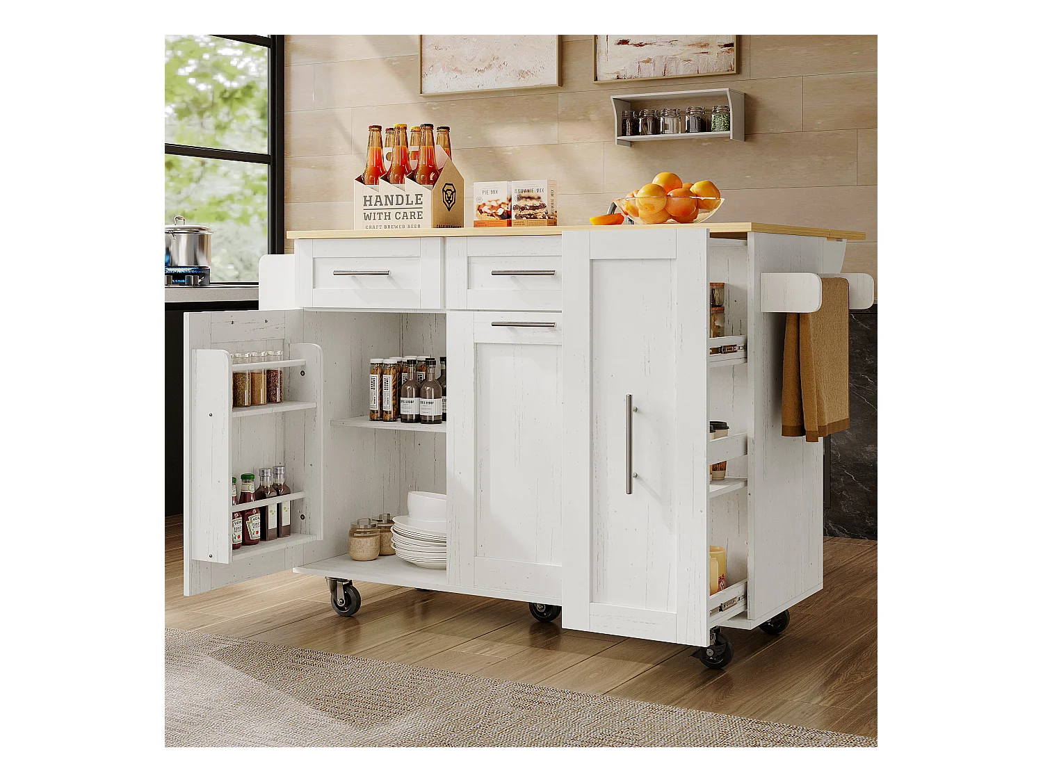 Ilot central de cuisine mobile avec 2 portes, 3 tiroirs et porte-serviettes - Plateau extensible - 134.5 x 46/74 x 90.5 cm - MDF - Blanc
