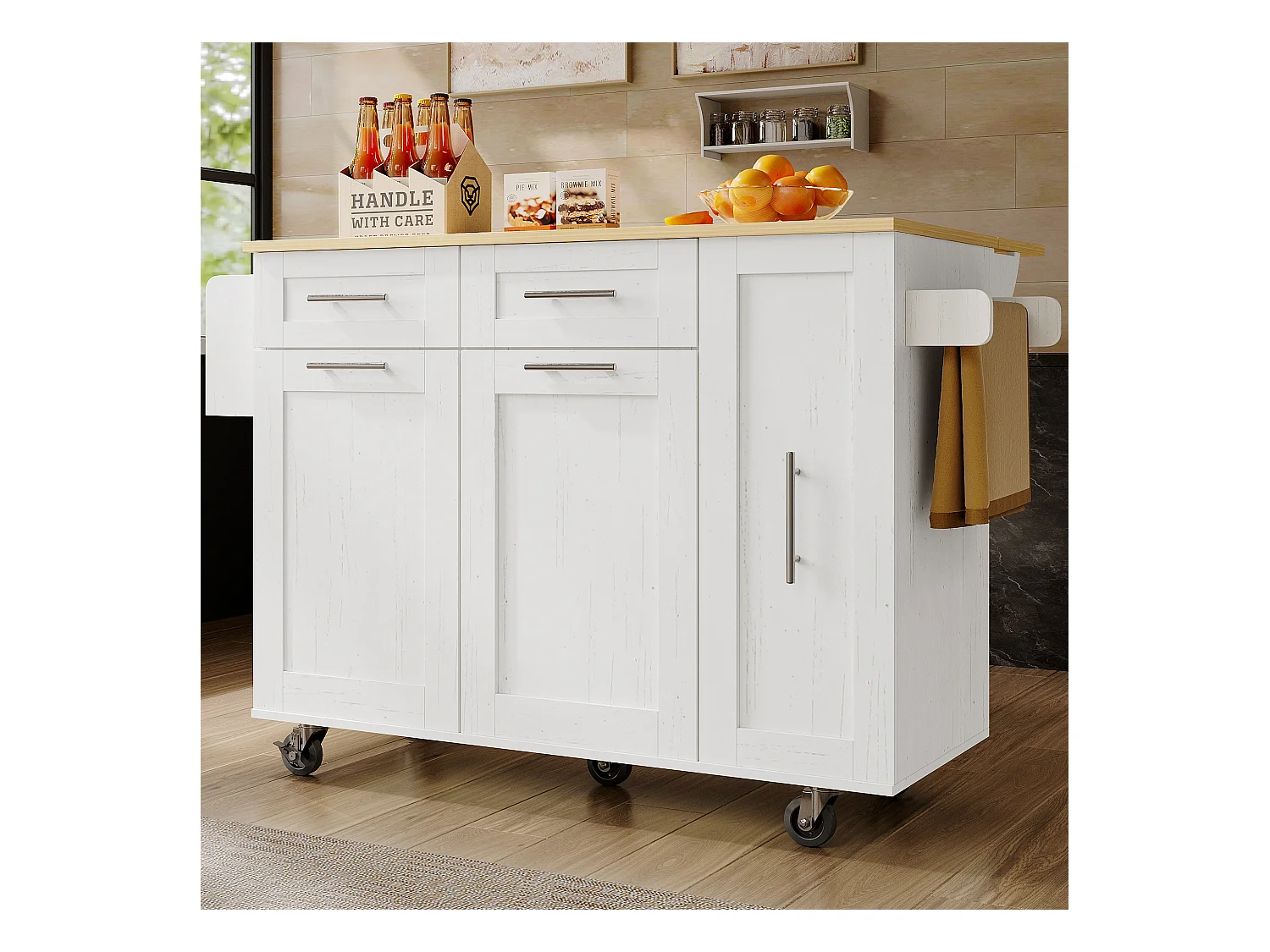 Ilot central de cuisine mobile avec 2 portes, 3 tiroirs et porte-serviettes - Plateau extensible - 134.5 x 46/74 x 90.5 cm - MDF - Blanc