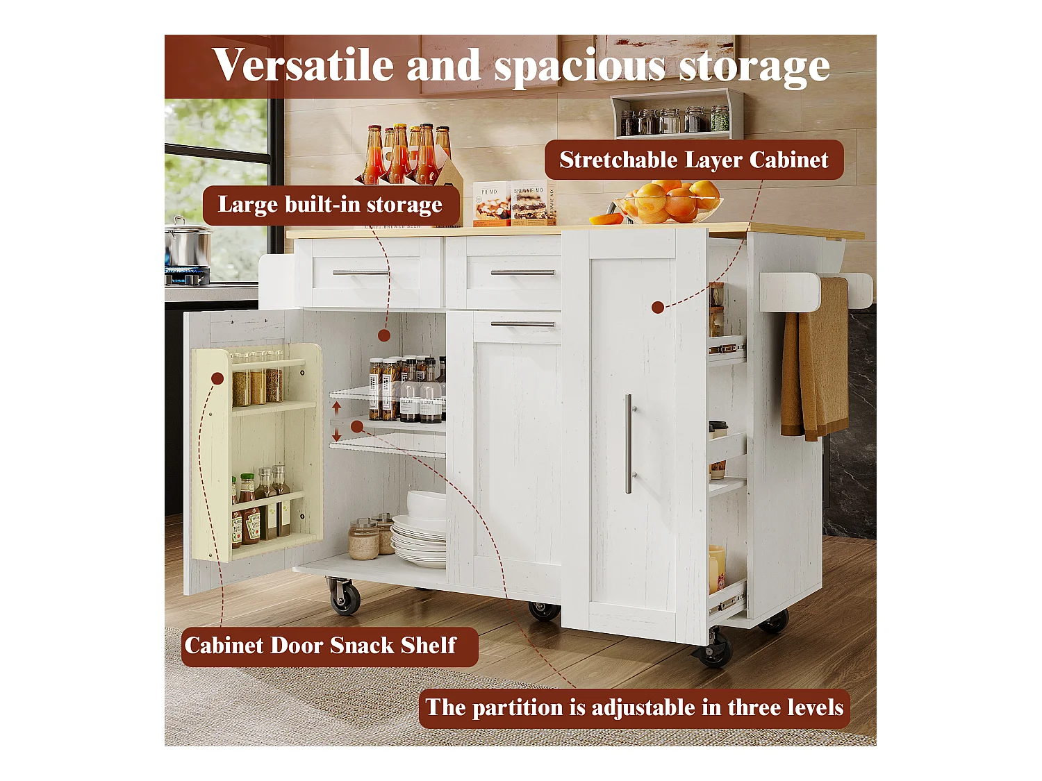 Ilot central de cuisine mobile avec 2 portes, 3 tiroirs et porte-serviettes - Plateau extensible - 134.5 x 46/74 x 90.5 cm - MDF - Blanc