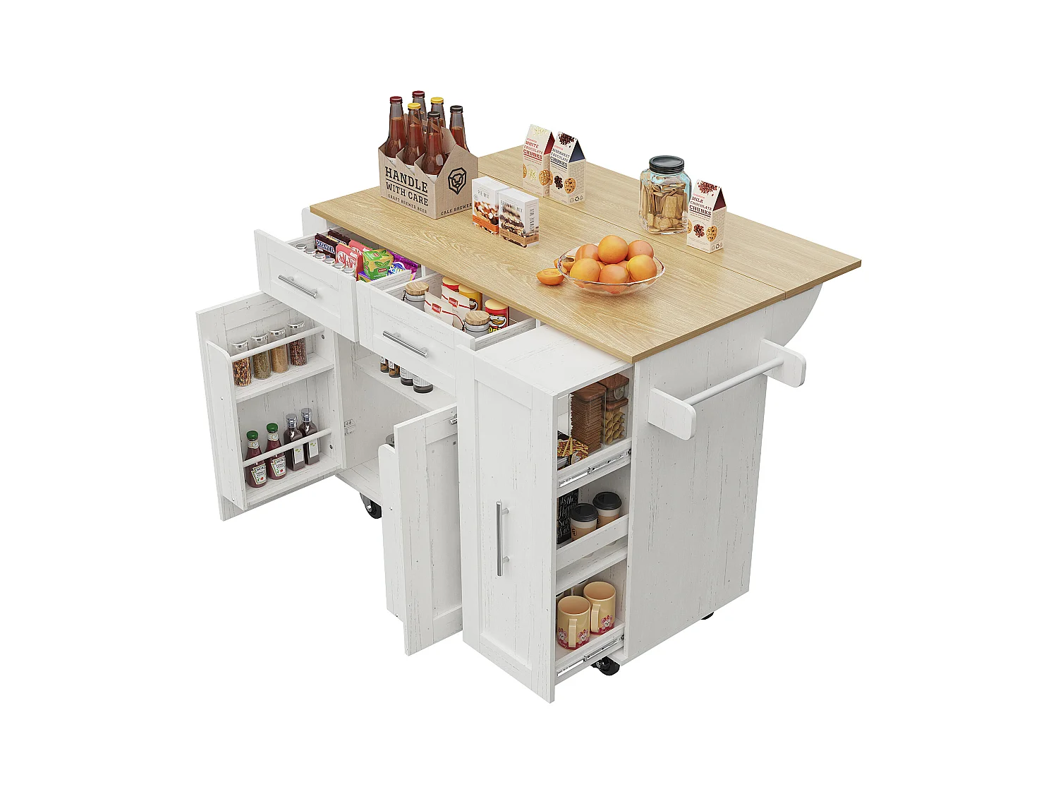 Ilot central de cuisine mobile avec 2 portes, 3 tiroirs et porte-serviettes - Plateau extensible - 134.5 x 46/74 x 90.5 cm - MDF - Blanc
