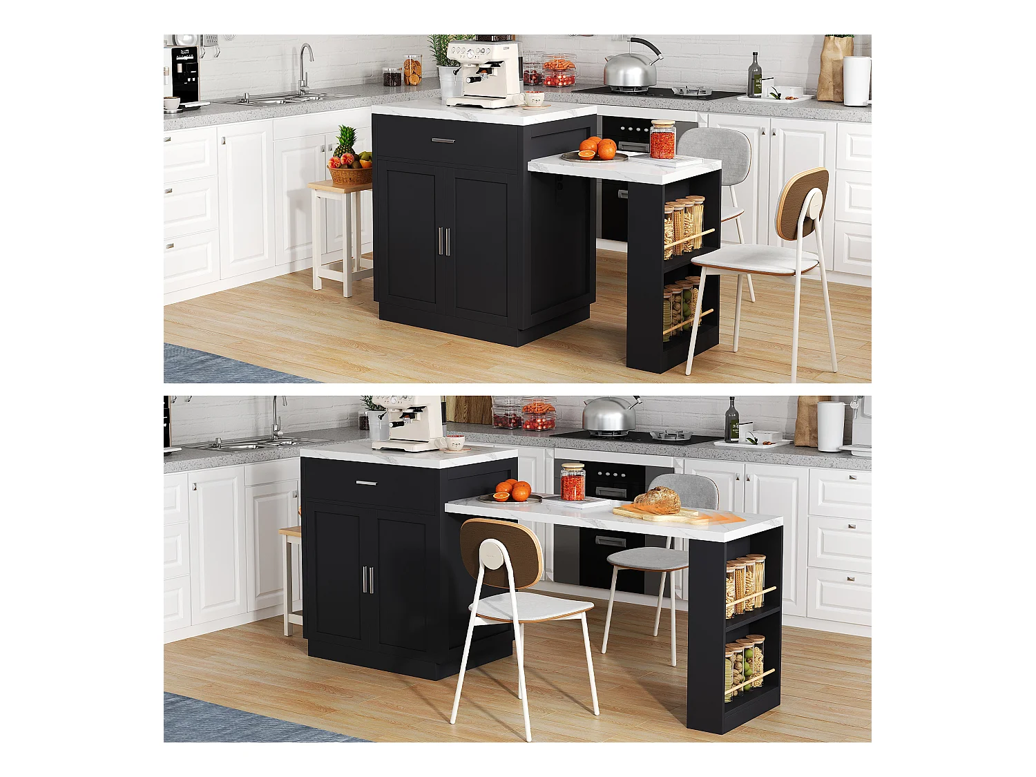 Ilot central de cuisine mobile avec 2 tiroirs, 2 portes et étagères de rangement - 211x55x89.5 cm - MDF - Noir + blanc