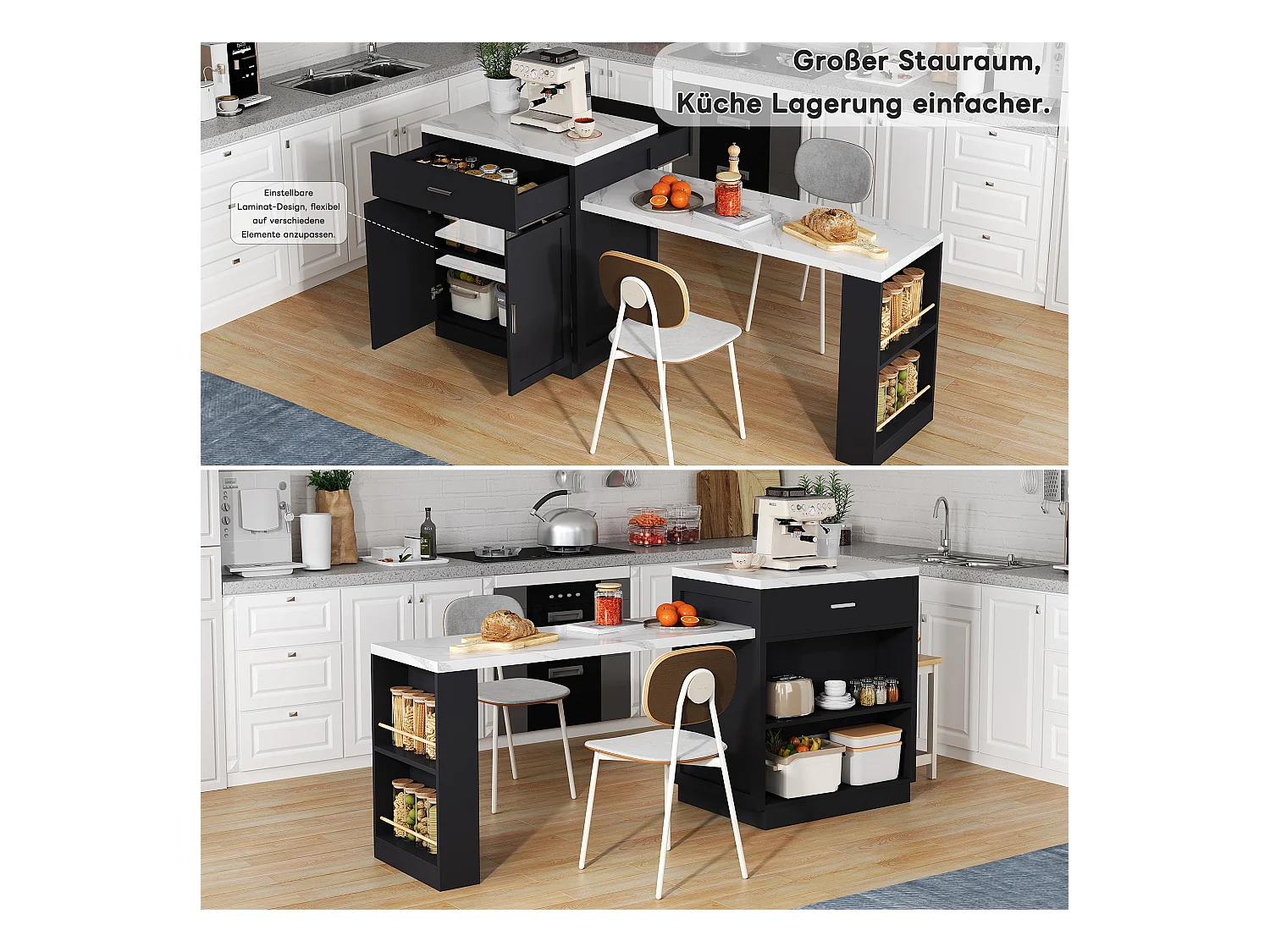 Ilot central de cuisine mobile avec 2 tiroirs, 2 portes et étagères de rangement - 211x55x89.5 cm - MDF - Noir + blanc