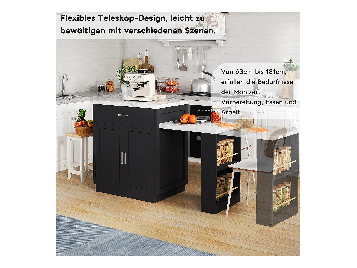 Ilot central de cuisine mobile avec 2 tiroirs, 2 portes et étagères de rangement - 211x55x89.5 cm - MDF - Noir + blanc