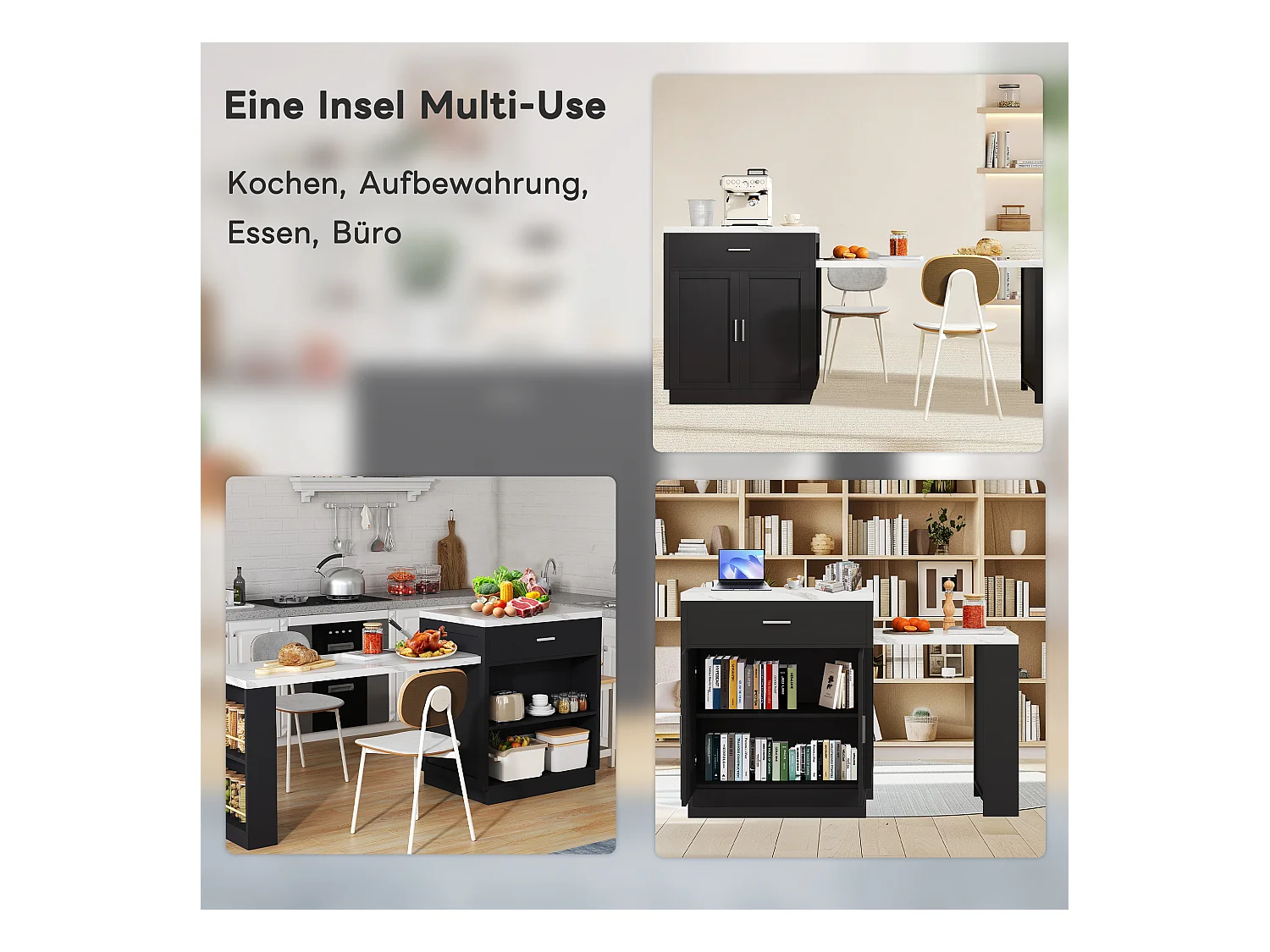 Ilot central de cuisine mobile avec 2 tiroirs, 2 portes et étagères de rangement - 211x55x89.5 cm - MDF - Noir + blanc