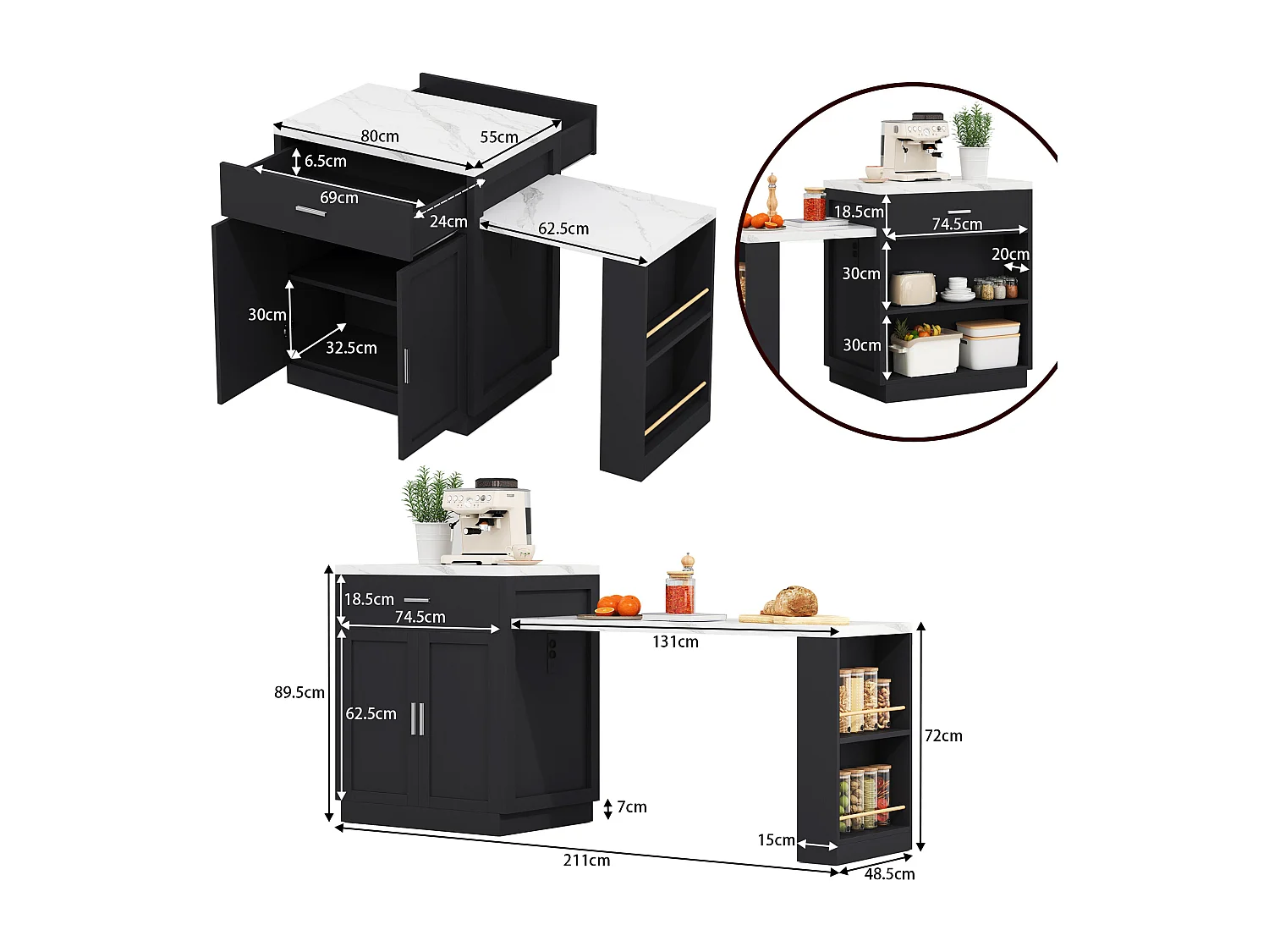 Isla de cocina móvil con 2 cajones, 2 puertas y estantes de almacenamiento - 211x55x89,5 cm - MDF - Negro + blanco