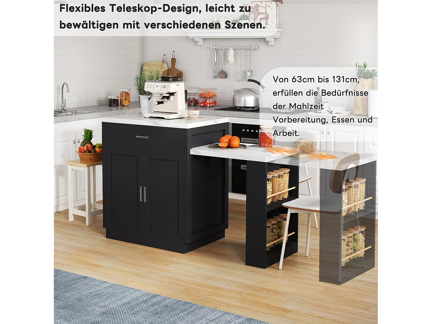 Isla de cocina móvil con 2 cajones, 2 puertas y estantes de almacenamiento - 211x55x89,5 cm - MDF - Negro + blanco