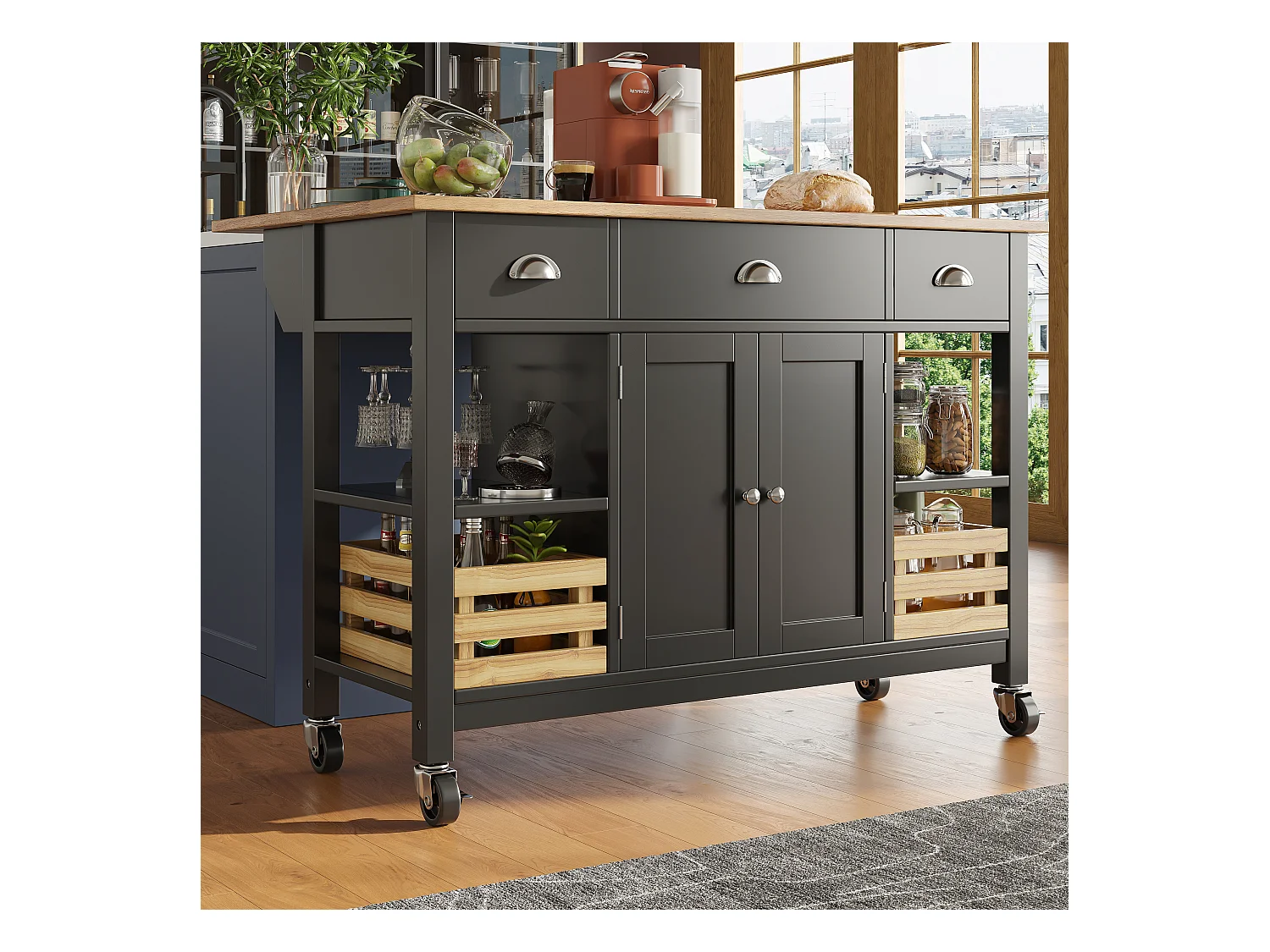 Ilot central de cuisine mobile avec 3 tiroirs, 2 portes et panier de rangement - plateau extensible - 120x45/73x90 cm - Bois MDF - Noir
