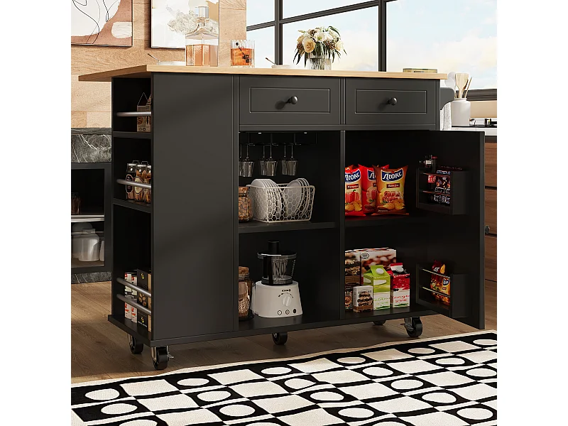 Ilot central de cuisine mobile avec 2 tiroirs, 1 porte et compartiments - 120x42/76x91.5cm - MDF et métal - Noir + naturel