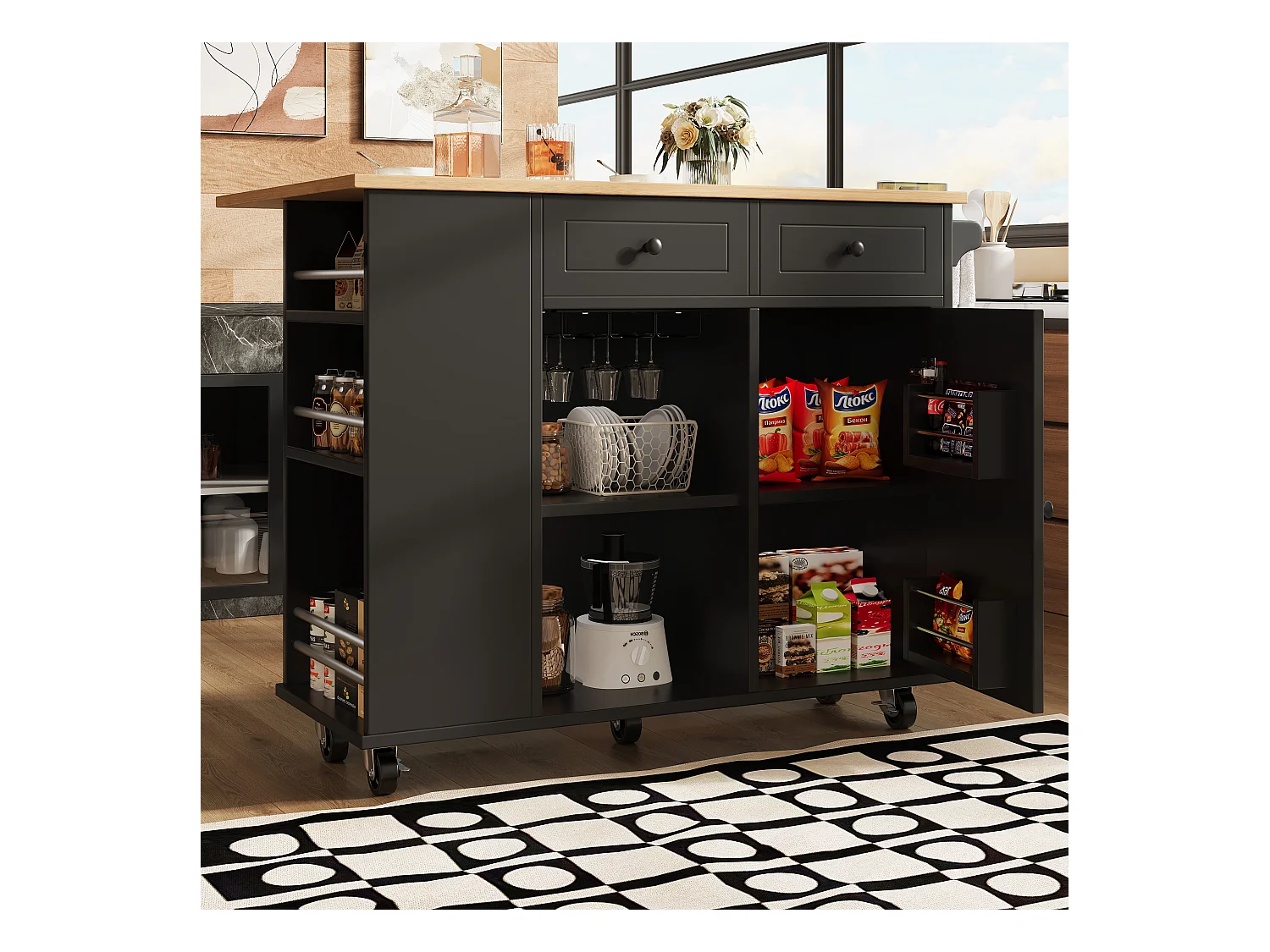 Ilot central de cuisine mobile avec 2 tiroirs, 1 porte et compartiments - 120x42/76x91.5cm - MDF et métal - Noir + naturel