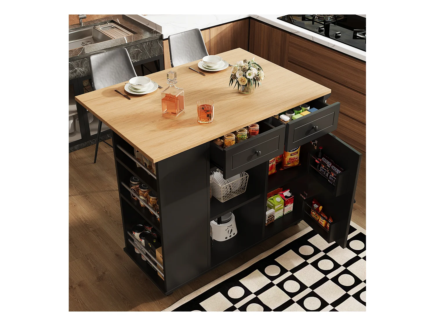 Ilot central de cuisine mobile avec 2 tiroirs, 1 porte et compartiments - 120x42/76x91.5cm - MDF et métal - Noir + naturel