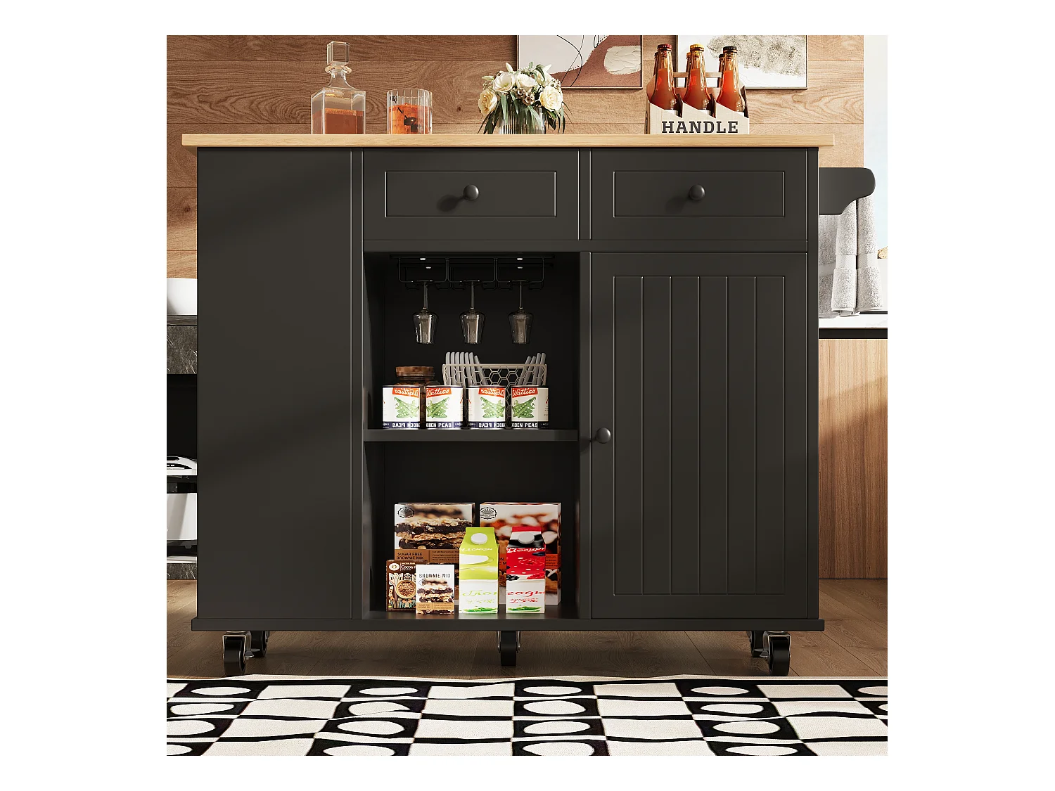 Ilot central de cuisine mobile avec 2 tiroirs, 1 porte et compartiments - 120x42/76x91.5cm - MDF et métal - Noir + naturel