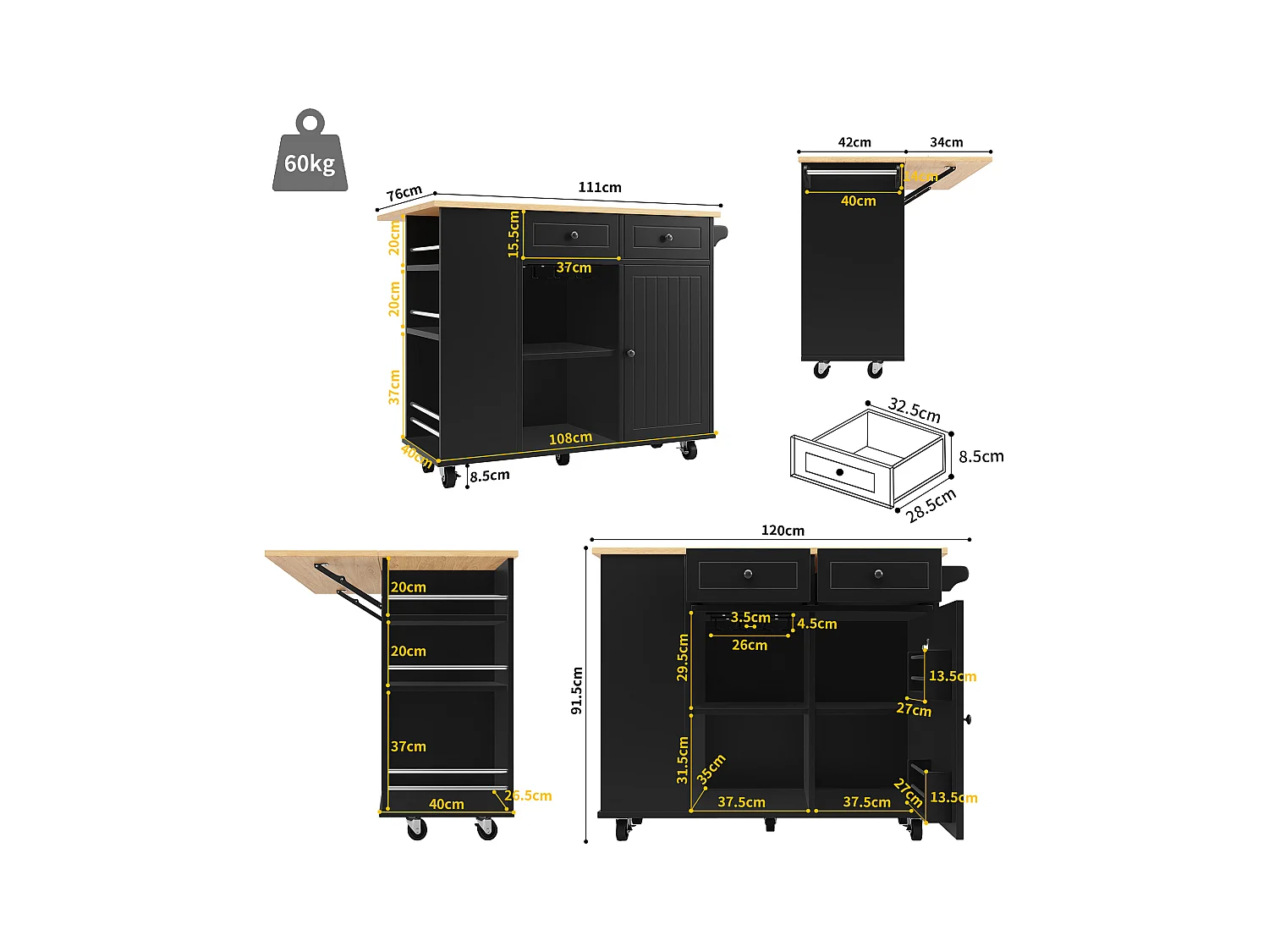Ilot central de cuisine mobile avec 2 tiroirs, 1 porte et compartiments - 120x42/76x91.5cm - MDF et métal - Noir + naturel