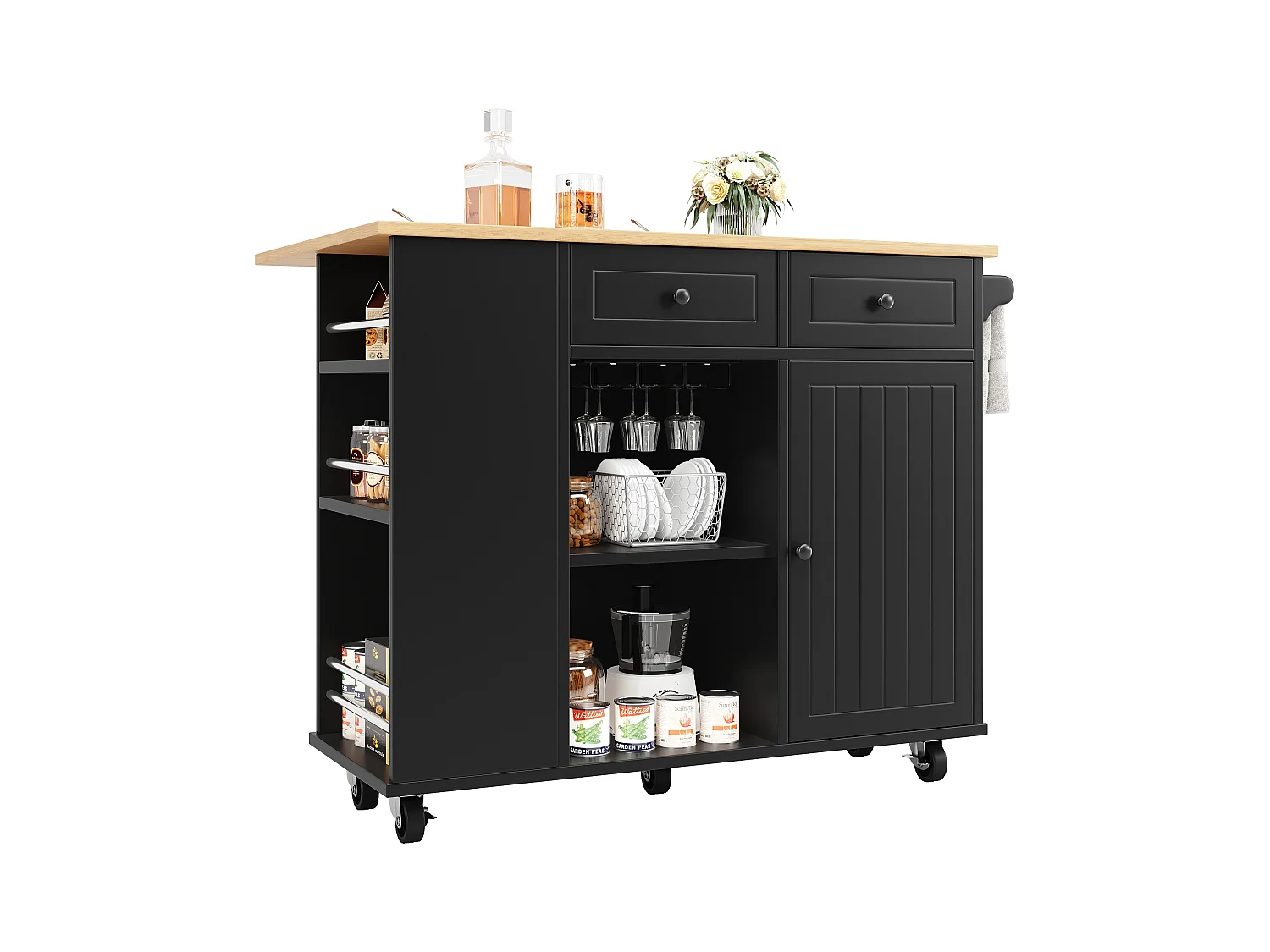 Ilot central de cuisine mobile avec 2 tiroirs, 1 porte et compartiments - 120x42/76x91.5cm - MDF et métal - Noir + naturel