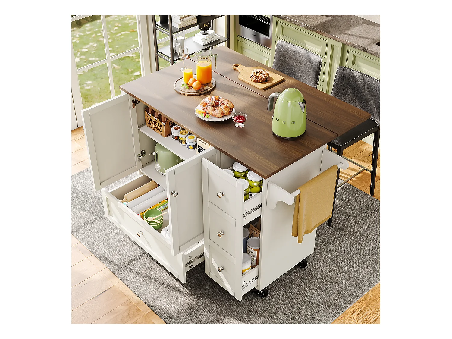 Ilot central de cuisine mobile avec 2 portes, 3 tiroirs et porte-serviettes - Plateau extensible - 128x46/71x92.5 cm - MDF - Blanc + marron