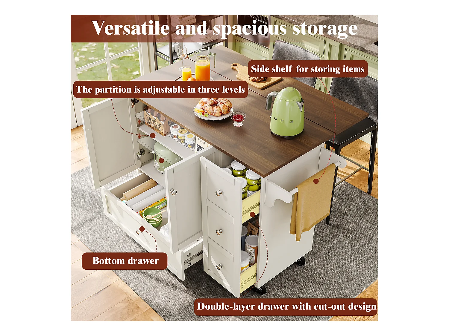 Ilot central de cuisine mobile avec 2 portes, 3 tiroirs et porte-serviettes - Plateau extensible - 128x46/71x92.5 cm - MDF - Blanc + marron