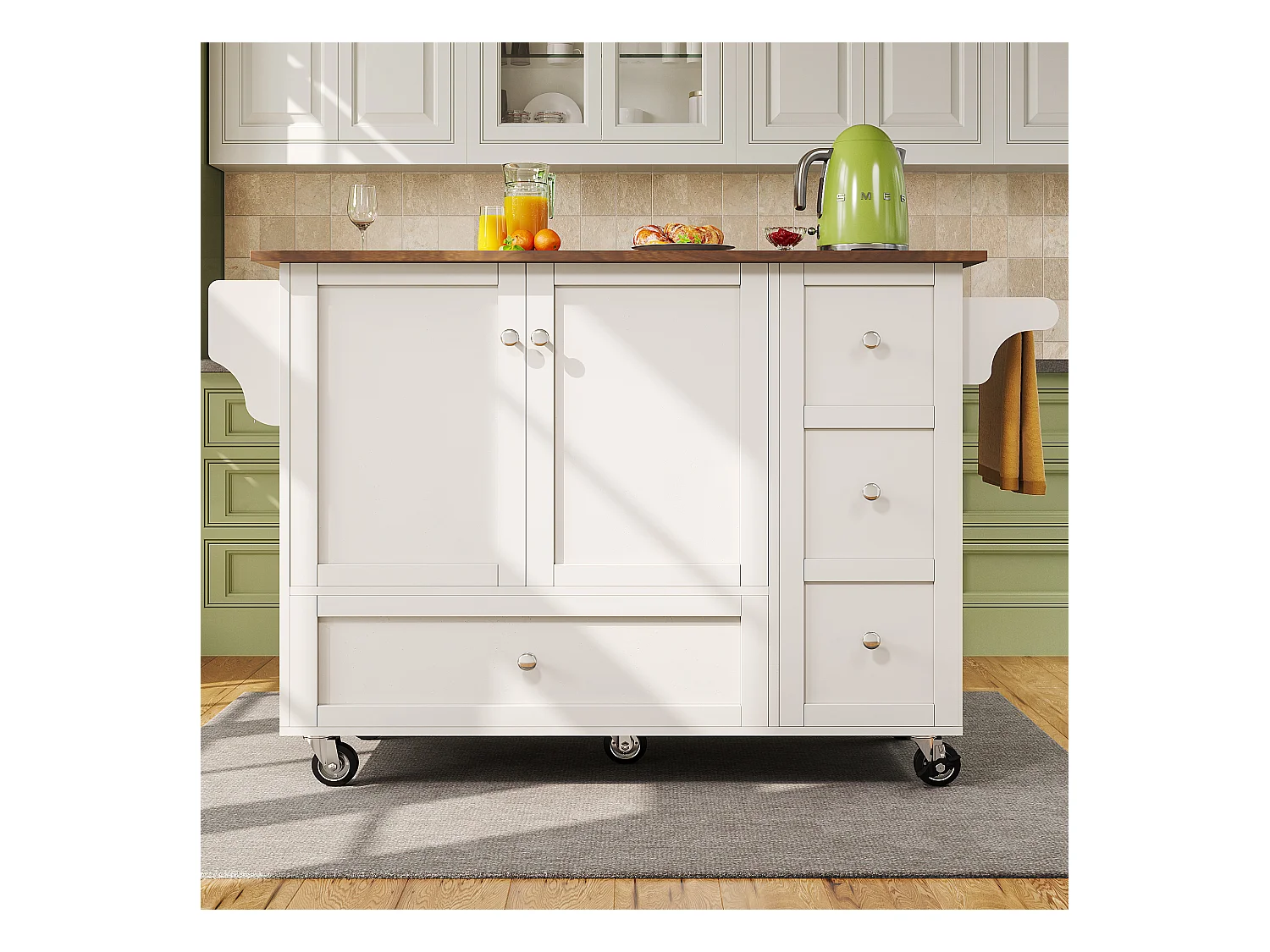 Isola cucina mobile con 2 ante, 3 cassetti e portasciugamani - Piano estensibile - 128x46/71x92,5 cm - MDF - Bianco + marrone