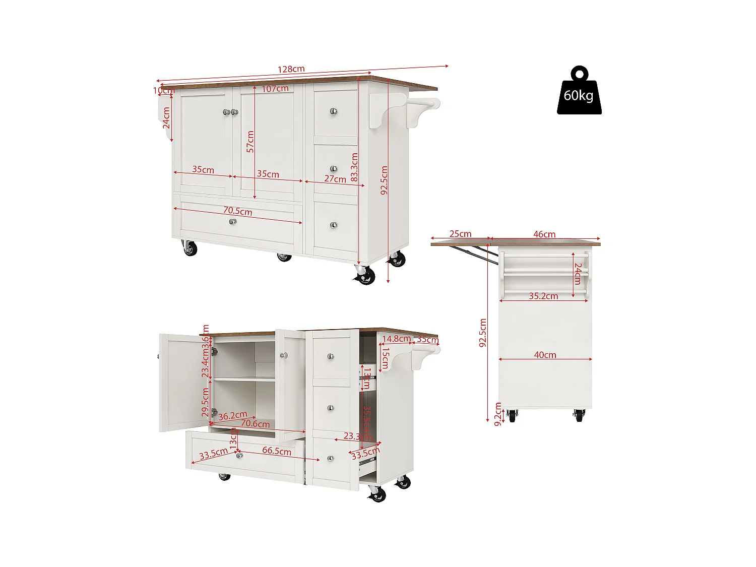 Isola cucina mobile con 2 ante, 3 cassetti e portasciugamani - Piano estensibile - 128x46/71x92,5 cm - MDF - Bianco + marrone