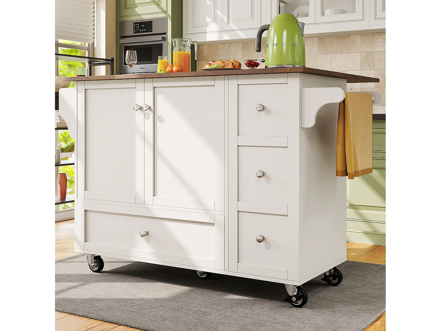 Ilot central de cuisine mobile avec 2 portes, 3 tiroirs et porte-serviettes - Plateau extensible - 128x46/71x92.5 cm - MDF - Blanc + marron