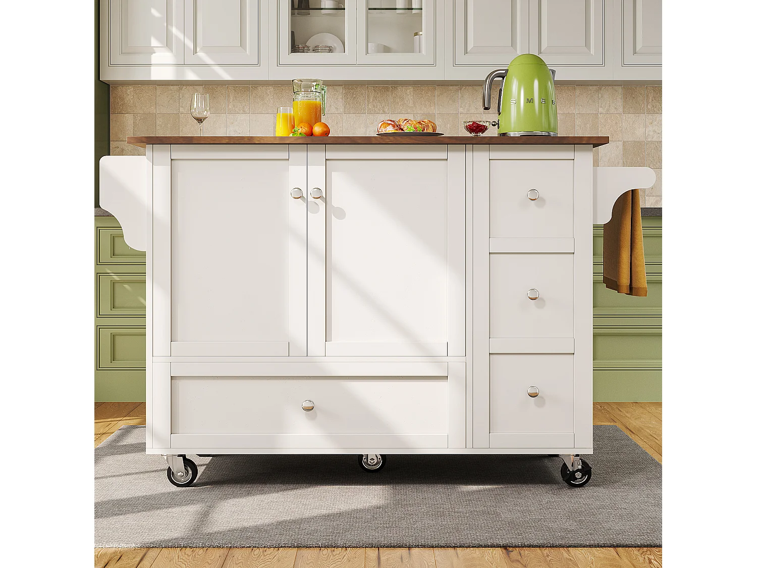 Ilot central de cuisine mobile avec 2 portes, 3 tiroirs et porte-serviettes - Plateau extensible - 128x46/71x92.5 cm - MDF - Blanc + marron