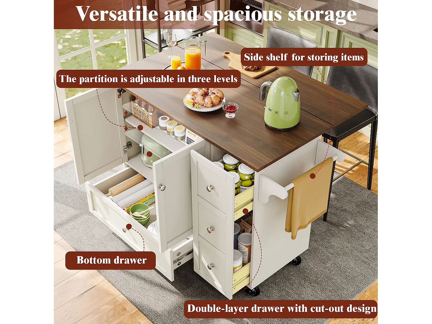 Ilot central de cuisine mobile avec 2 portes, 3 tiroirs et porte-serviettes - Plateau extensible - 128x46/71x92.5 cm - MDF - Blanc + marron